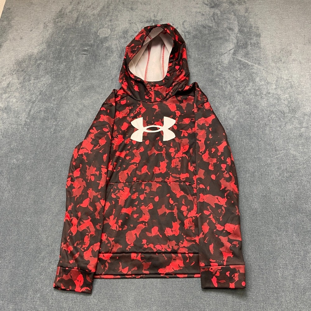 Under Armour Hoodie Youth Large Red Black Camouflage Long Sleeve Logo Pullover